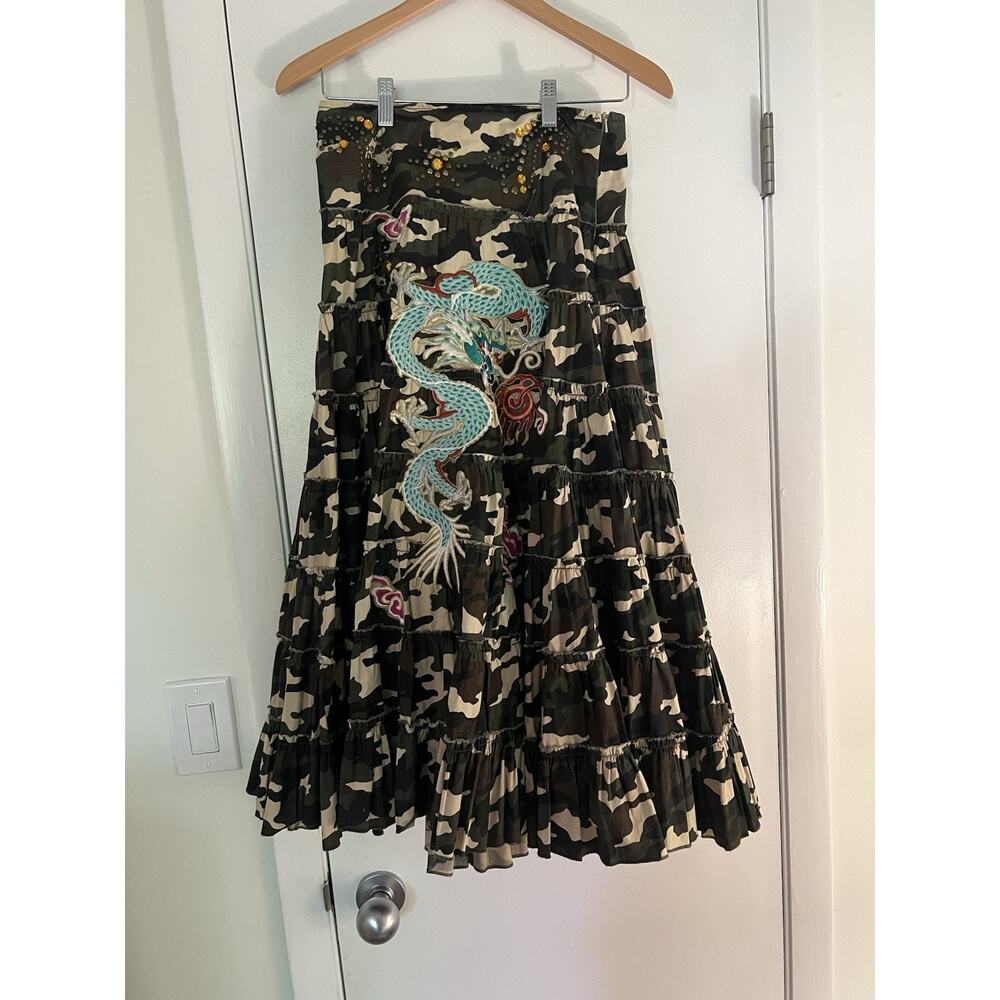 Miss Me Camo Camoflauge Tiered Embroidered Maxi Skirt Dragon Embroidered Y2K Sm - Picture 2 of 9